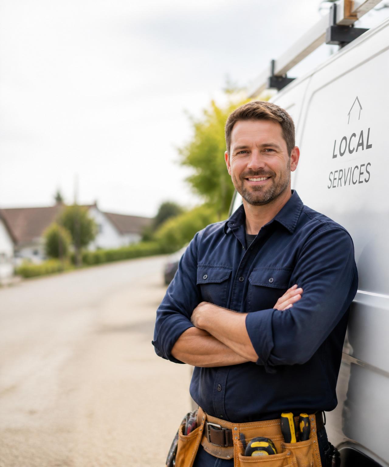 Local tradesperson standing beside their work van